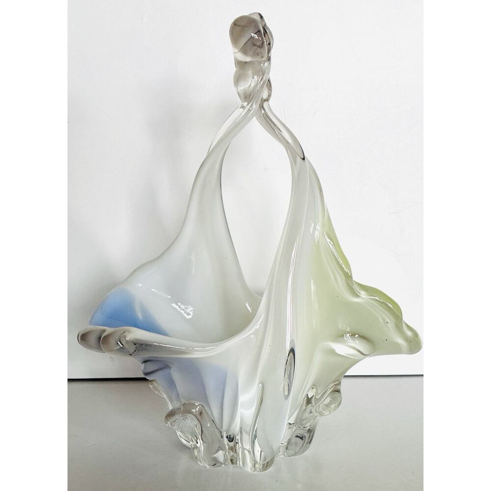 Vintage Large Glass white, Green Blue Basket Hand Blown Twisted Handle